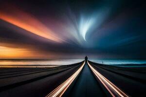 a long exposure photograph of a man standing on the beach at sunset. AI-Generated photo