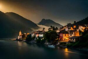 photo wallpaper the sky, mountains, fog, the moon, the village, the river, the. AI-Generated