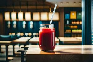 a glass of juice sitting on a table in a restaurant. AI-Generated photo