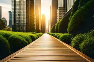 a walkway in front of tall buildings with green bushes. AI-Generated photo