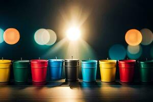colorful cups lined up on a table with a light shining on them. AI-Generated photo