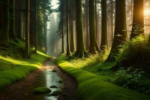 a stream runs through a forest with mossy trees. AI-Generated photo