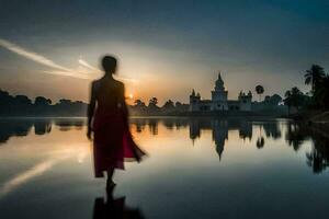 a woman in a red dress walking across the water at sunrise. AI-Generated photo