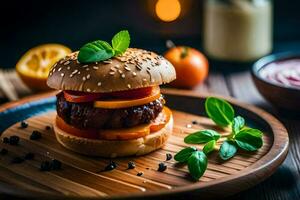 a hamburger with vegetables and tomatoes on a wooden plate. AI-Generated photo