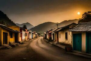 a dirt road in the mountains with colorful houses. AI-Generated photo