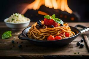 spaghetti with berries and basil in a pan. AI-Generated photo