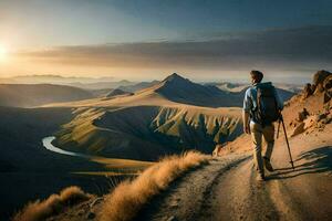 a man with a backpack walks up a mountain trail. AI-Generated photo