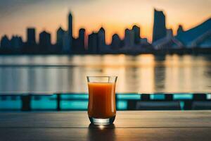 glass of orange juice on table in front of city skyline. AI-Generated photo