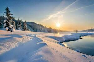 snow covered landscape with the sun setting over a river. AI-Generated photo