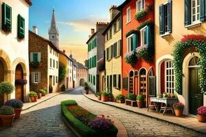 an artistic painting of a street with flowers and potted plants. AI-Generated photo