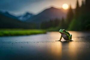 a frog sits on the ground in front of a mountain. AI-Generated photo