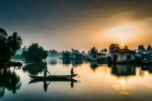 a man in a boat on the water at sunrise. AI-Generated photo