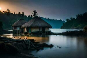 a hut sits on the shore of a river at sunset. AI-Generated photo