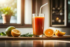 un vaso de naranja jugo con un paja. generado por ai foto