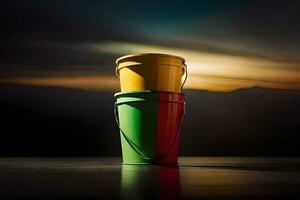 two colorful buckets sit on a table in front of a dark background. AI-Generated photo