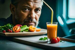 un hombre es participación un vaso de jugo y un plato con vegetales. generado por ai foto