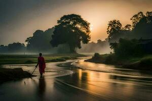 a monk walks along a river at sunrise. AI-Generated photo
