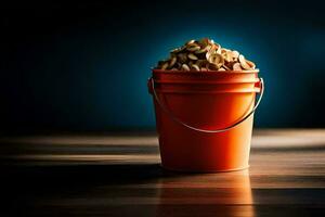 a bucket of peanuts sitting on a table. AI-Generated photo
