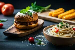 a hamburger and pasta on a wooden table. AI-Generated photo