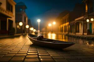 a boat sits on the street at night. AI-Generated photo