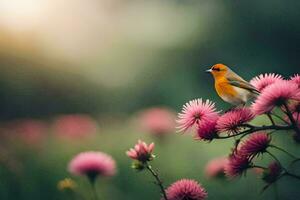 un pájaro es encaramado en un rosado flor. generado por ai foto