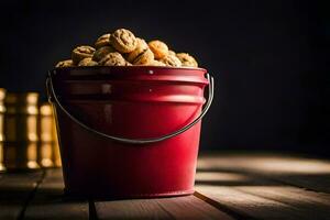 a red bucket filled with peanuts on a wooden table. AI-Generated photo