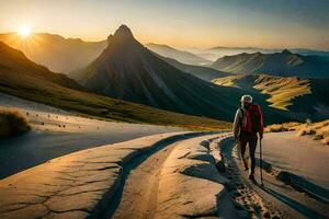 un hombre con un mochila caminando en un camino en el montañas. generado por ai foto