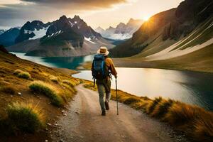 a man with a backpack and hiking poles walks along a path in the mountains. AI-Generated photo