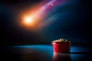 a bucket filled with peanuts in front of a star. AI-Generated photo