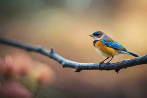 a small blue bird is sitting on a branch. AI-Generated photo