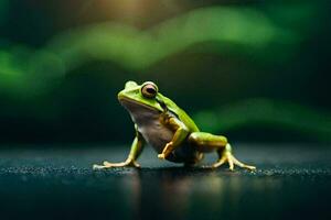 a frog is standing on its hind legs on a dark background. AI-Generated photo