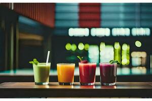 four different colored smoothies on a table. AI-Generated photo