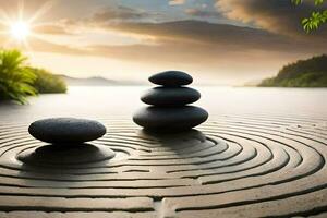 two stones are sitting on the ground in front of a lake. AI-Generated photo