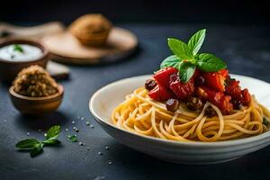 spaghetti with tomatoes and basil leaves in a bowl. AI-Generated photo