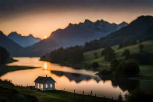 a small house sits on the edge of a lake at sunset. AI-Generated photo