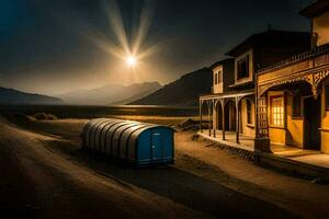 a blue portable toilet sits in the middle of a desert at night. AI-Generated photo