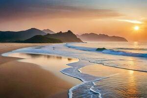 el Dom sube terminado el Oceano y montañas en esta hermosa foto. generado por ai foto