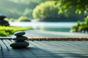 zen piedras en un de madera tablero cerca un lago. generado por ai foto