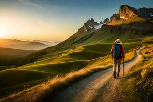 un hombre camina en un camino en el montañas. generado por ai foto