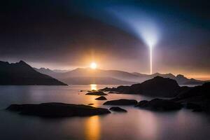 a long exposure photograph of a light shining over a mountain range. AI-Generated photo