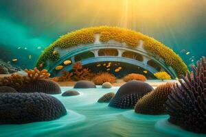 a bridge over the ocean with coral reefs and fish. AI-Generated photo