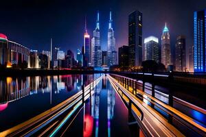 the city skyline at night with lights on. AI-Generated photo