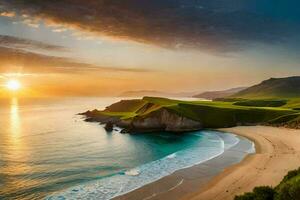 the sun sets over a beach and grassy hillside. AI-Generated photo