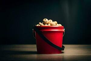 a red bucket filled with peanuts on a wooden table. AI-Generated photo