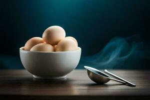 a bowl of eggs and a spoon on a table. AI-Generated photo