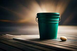 a green bucket sitting on a wooden deck. AI-Generated photo