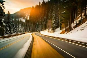 a snowy road in the mountains with the sun setting. AI-Generated photo