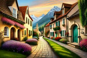 a painting of a street in the mountains. AI-Generated photo