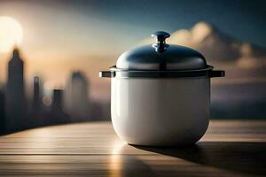 a white pot sitting on a table in front of a cityscape. AI-Generated photo