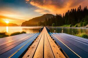 a wooden dock leads to a lake at sunset. AI-Generated photo